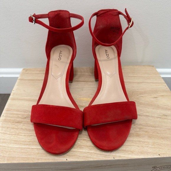 Aldo Red Villarosa Block Heel Ankle Strap Sandals 7 - Picture 6 of 7